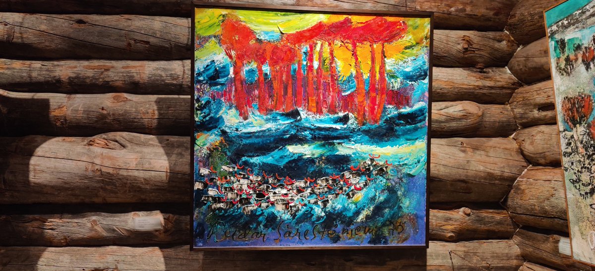 Käytiin Reidar Särestöniemimuseossa katsomassa satavuotisnäyttelyä. Museojohtaja valmistautui jo Linnanjuhliin lauantaina... Kuvassa teos "Ekologinen hätä" vuodelta 1975.