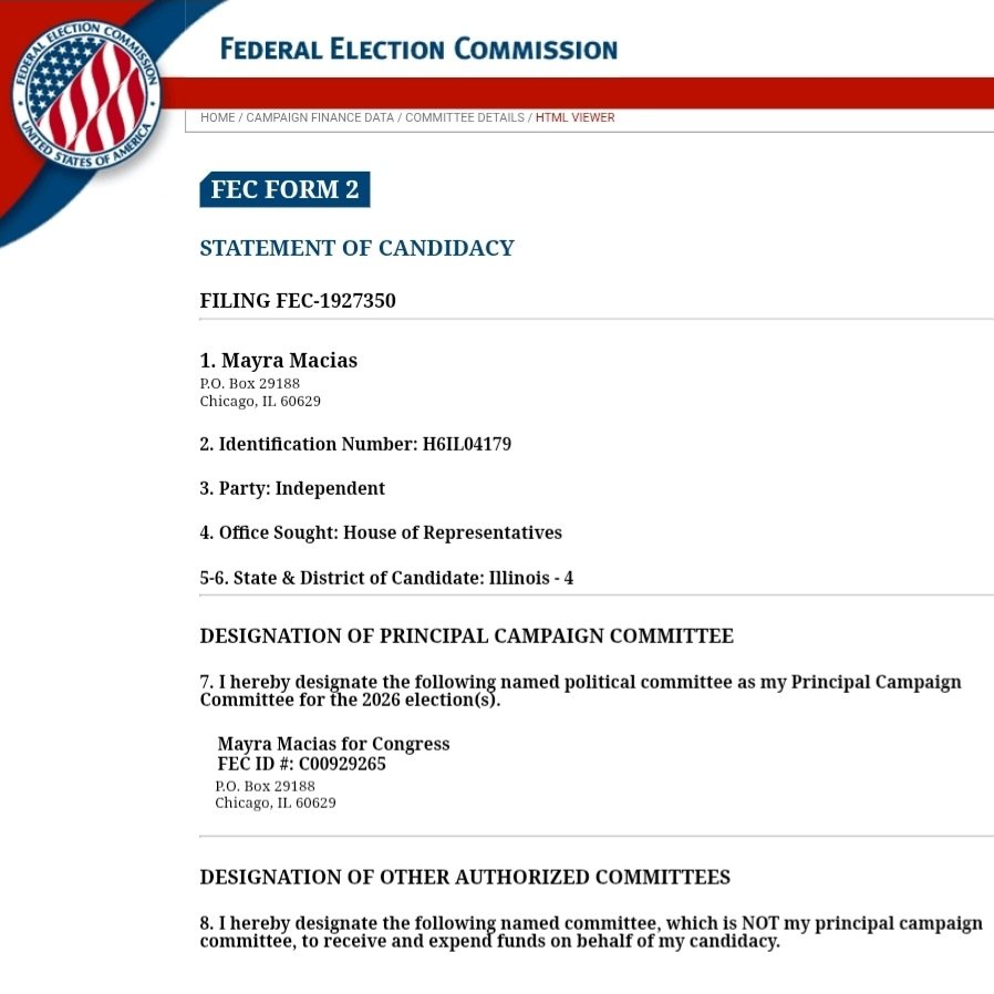 FrankCalabrese's tweet image. Mayra Macías, former Latino Victory Project executive director, is launching an independent run in IL-4 after Rep. Chuy García’s handoff of the Democratic nomination to his chief of staff. She filed her FEC paperwork today.