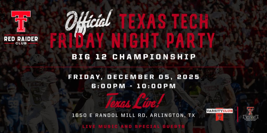 RedRaiderSports's tweet photo. ⏰ One Day Left! Ticket sales have been extended through Thursday, Dec. 4 at 5 PM — and no walk-ups allowed.

Come meet former Texas Tech legends like BJ Symons, Ryan Aycock, Rodney Blackshear, Kerry Hyder, Tony Bradford, Cody Davis, Jakeem Grant, Josh Jung, and many more!

Plus: live band, big energy.

Don’t miss it‼️ #WreckEm

🎟️: https://t.co/V09R2UmLm4