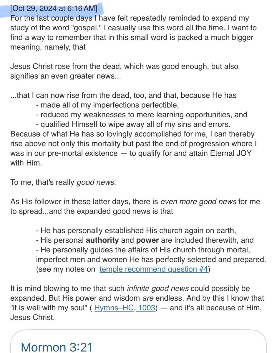 MyGospLib_Notes's tweet image. Grateful again for a strong witness of Jesus Christ. I was led to a testimony I wrote a year ago, and it inspired me all over again. Elder Scott was so right— record your spiritual impressions!