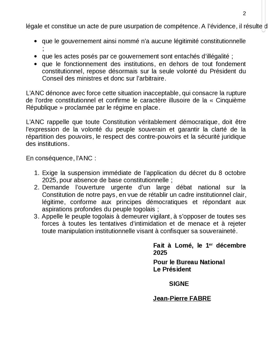L’#ANC rappelle que toute Constitution véritablement démocratique, doit être l’expression de la volonté du peuple souverain et garantir la clarté de la répartition des pouvoirs, le respect des contre-pouvoirs et la sécurité juridique des institutions
#TOGO #JeanPierreFABRE #JPF