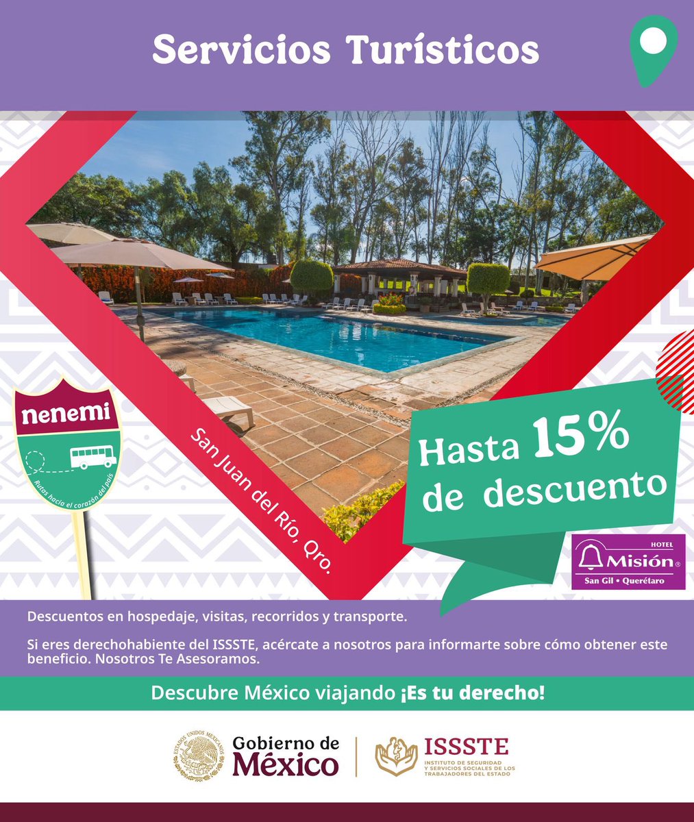🌿✨🌞 Jardines amplios, aire puro y tranquilidad total 🏨💚 en el hermoso Hotel Misión San Gil.
📍 En el encanto de San Juan del Río

Si eres derechohabiente de ISSSTE, ahorra hasta 15% 💸✨🧳

#nenemi <a href="/Hoteles_Mision/">Hoteles Misión</a> <a href="/QroTravel/">Querétaro Turismo</a>