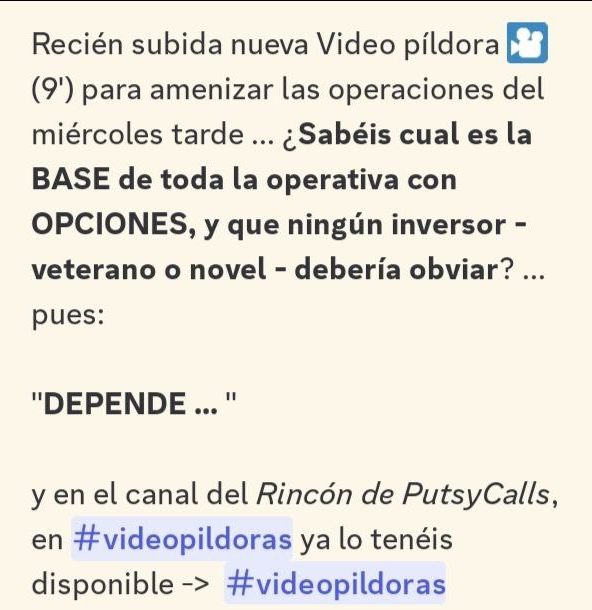 Me ha encantado el video del profe <a href="/PutsyCalls/">Puts & Calls</a> en <a href="/MtoOpciones/">MTO_Opciones</a>  

A veces puede sonar a tópico o a la respuesta fácil, pero es la realidad: en opciones no hay verdades absolutas ni reglas fijas. 

Todo depende de muchísimos factores, como las características del activo, los