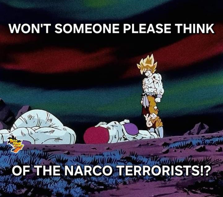 The first role of a government is to protect its people; I'm good for blowing up drug smugglers.

#dbz #dbgt #dbsuper #dragonball