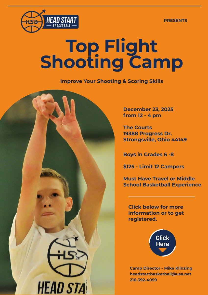 The Top Flight Shooting Camp will teach players how to become confident and consistent scorers. Campers will learn proper shooting mechanics, footwork, and shot preparation through focused instruction and game-based drills.
headstartbasketball.leagueapps.com/camps/4832722-…