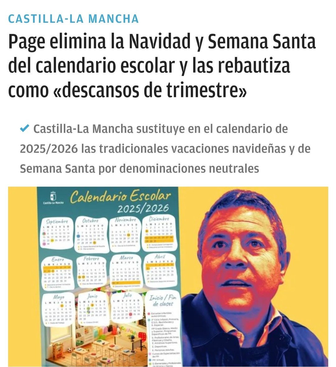🇪🇸 | España | Page elimina la Navidad y Semana Santa del calendario escolar y las rebautiza como «descansos de trimestre»