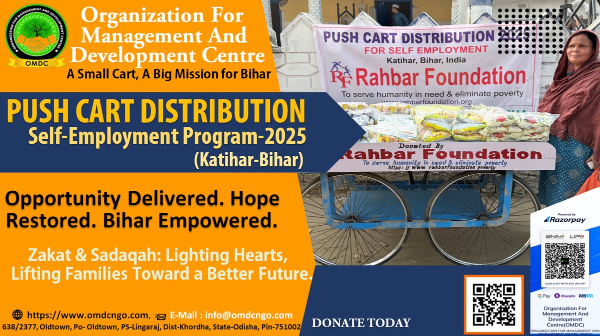 FoundationOmdc's tweet image. Rahbar Foundation, as the donor, is supporting the Push Cart Distribution 2025 project in Katihar, Bihar, while OMDC is implementing the initiative on the ground.