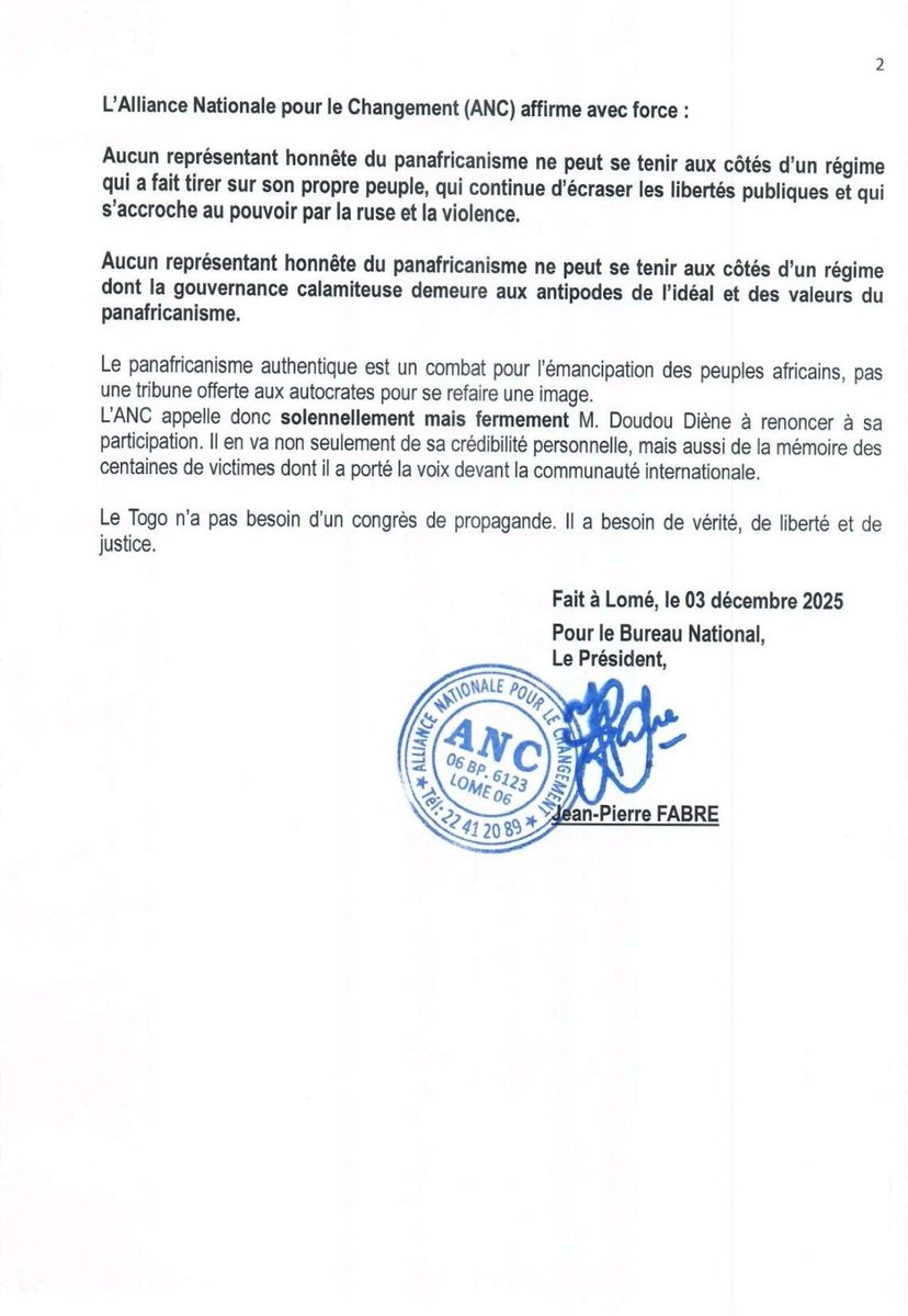 L'#ANC affirme avec force:
Aucun représentant honnête du panafricanisme ne peut se tenir aux côtés d'un régime qui a fait tirer sur son propre peuple, qui continue d'écraser les libertés publiques et qui s'accroche au pouvoir par la ruse et la violence
#Togo #JeanPierreFABRE #JPF