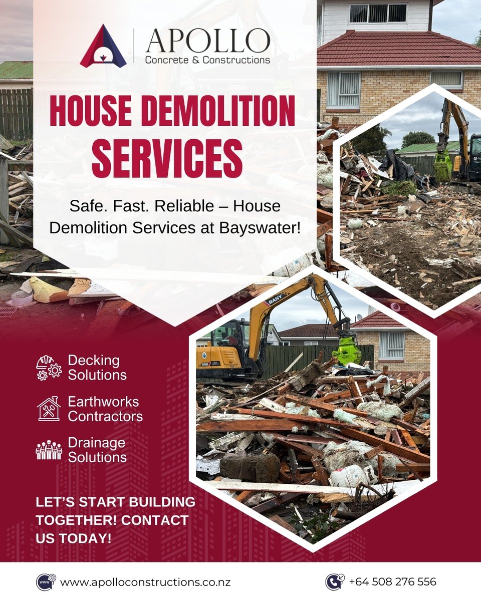 ApolloConcrete's tweet image. Expert #HouseDemolitionServices at Bayswater!
Plus #DeckingSolutions in Newmarket, Earthworks Contractors in Campbells Bay, Concrete Slab at Herne Bay, and #DrainageSolutions in Red Hill.

Call: +64 508 276 556 | apolloconstructions.co.nz

#Bayswater #Earthworks #ConcreteSlab