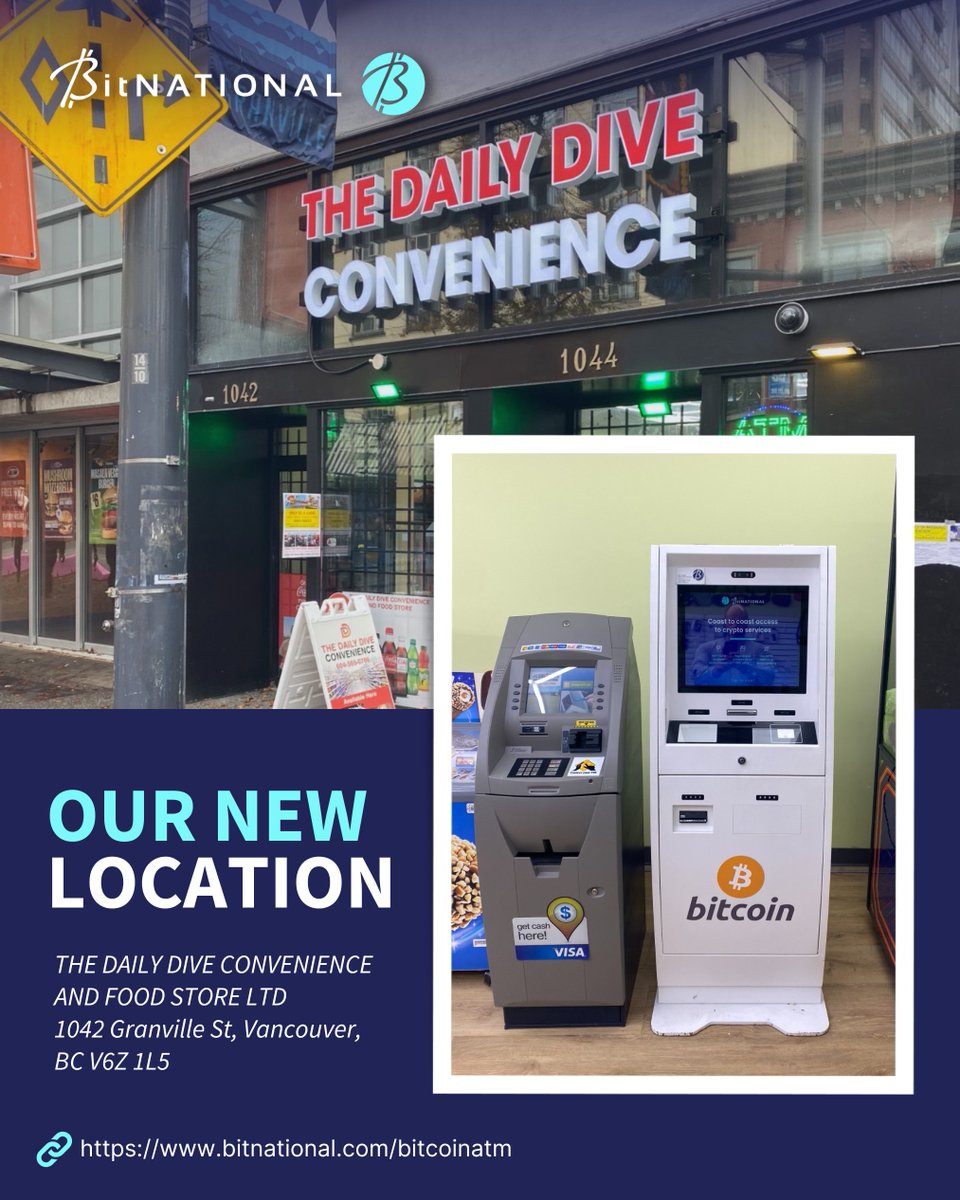 📣 𝐍𝐞𝐰 #𝐛𝐢𝐭𝐜𝐨𝐢𝐧 𝐀𝐓𝐌 in THE DAILY DIVE CONVENIENCE
AND FOOD STORE LTD, 1042 Granville St, Vancouver, BC V6Z 1L5.
⁣⁣⁣👉bitnational.com/bitcoinatm