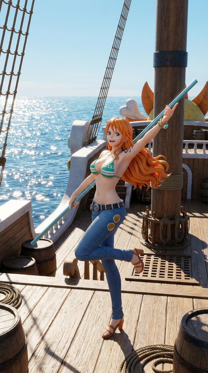 A 4K wallpaper of Nami on the crew's pirate ship in a fun, vibrant 3D style  made with ImaStudio — pure One Piece vibes. #ImaStudio #OnePiece #Nami # Wallpaper #Anime, image size:669x1199
