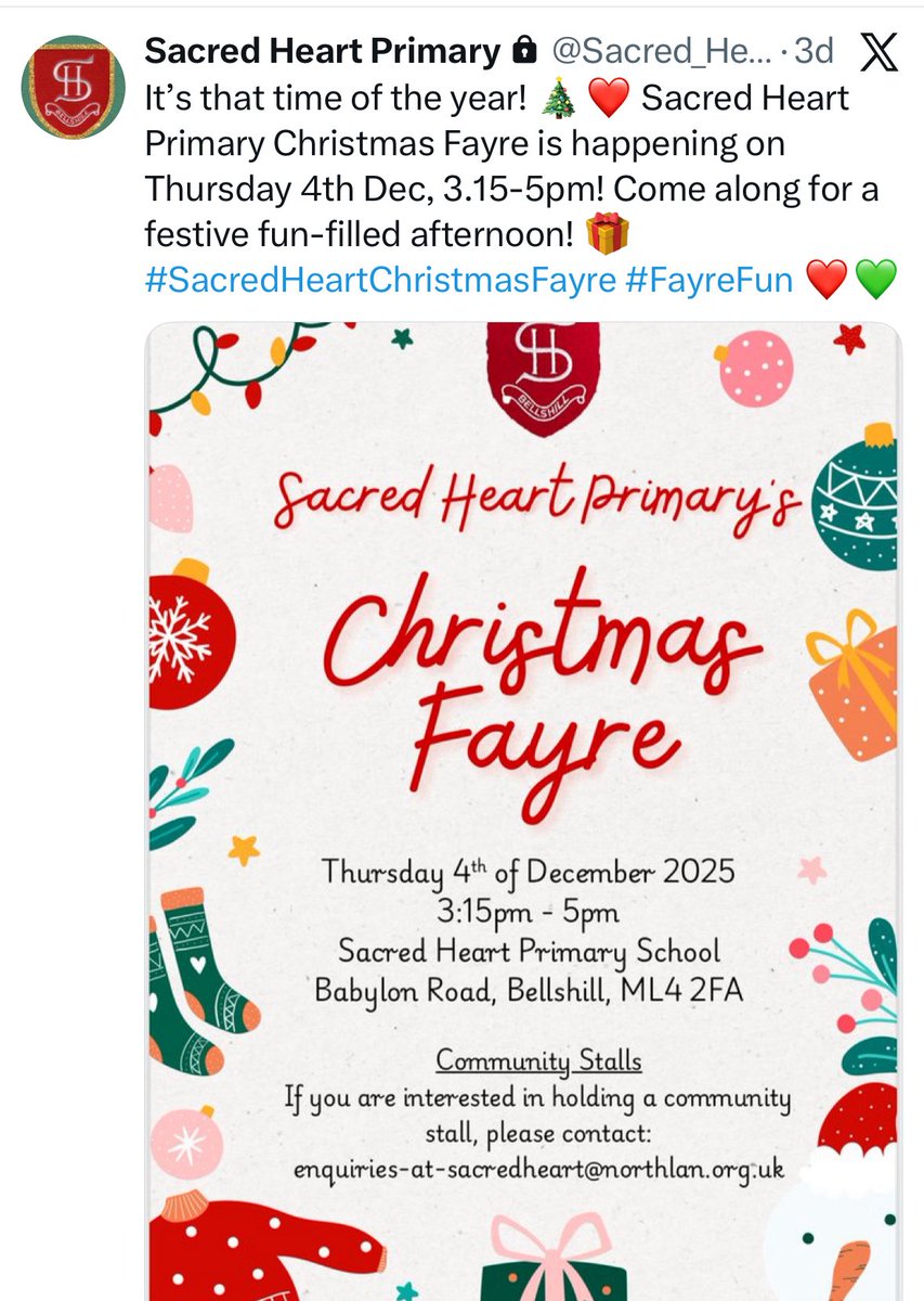 Our neighbours <a href="/Sacred_Heart_PS/">Sacred Heart Primary</a> have their annual Christmas Fayre tomorrow night from 3.15pm! Everyone welcome! <a href="/LawmuirPS/">Lawmuir PS</a>