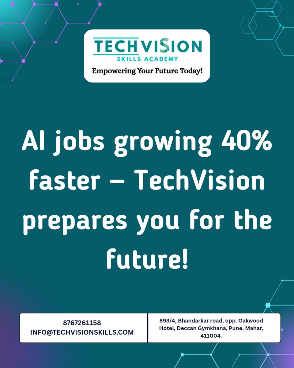 techvisionllp's tweet image. AI jobs are growing 40% faster. Stay ahead with future-ready skills at TechVision Skills Academy! 🚀
📞 87672 61158 | 📧 info@techvisionskills.com
📍 Bhandarkar Road, Deccan Gymkhana, Pune – 411004

#AIJobs #TechVisionSkills #FutureSkills #UpskillNow #Pune
