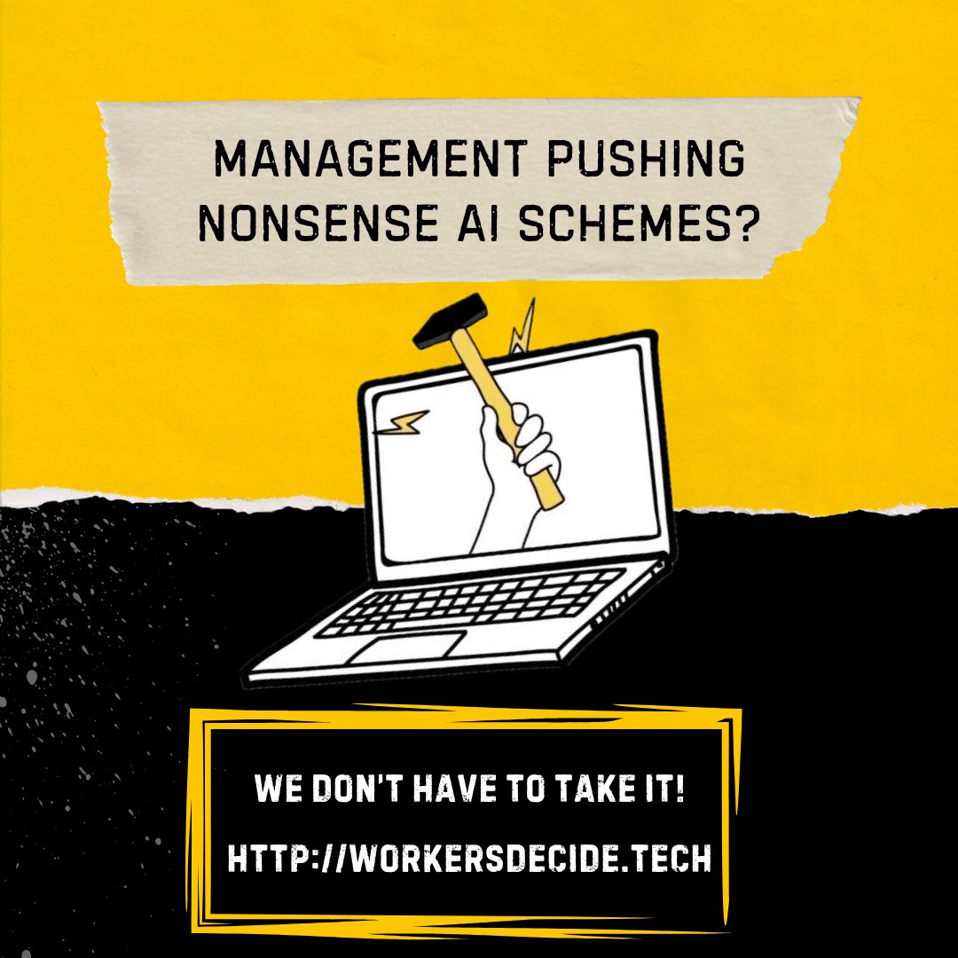 techworkersco's tweet image. Workers from journalism to tech and beyond are facing management-driven AI schemes to degrade our work and sloppify our craft. workersdecide.tech has collected resources to help us push back ✊ #newsnotslop
