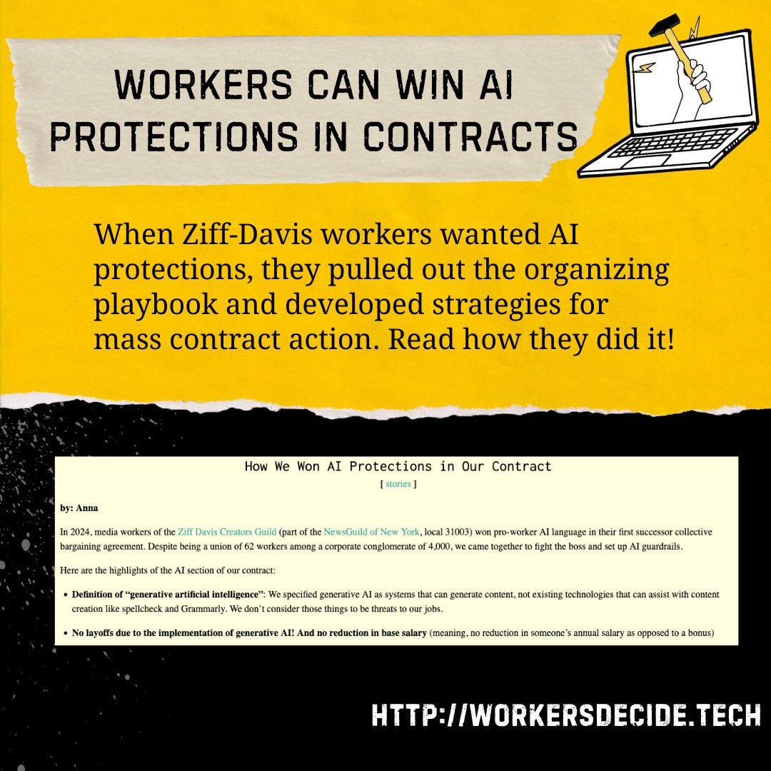 techworkersco's tweet image. Workers from journalism to tech and beyond are facing management-driven AI schemes to degrade our work and sloppify our craft. workersdecide.tech has collected resources to help us push back ✊ #newsnotslop