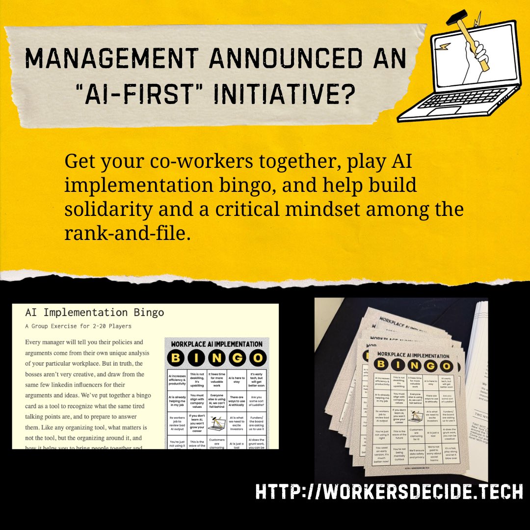 techworkersco's tweet image. Workers from journalism to tech and beyond are facing management-driven AI schemes to degrade our work and sloppify our craft. workersdecide.tech has collected resources to help us push back ✊ #newsnotslop