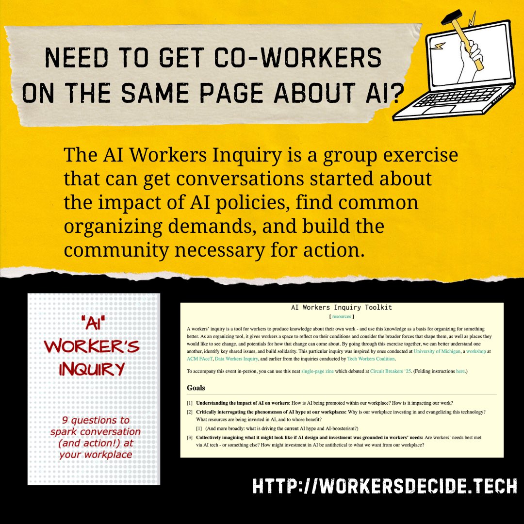 techworkersco's tweet image. Workers from journalism to tech and beyond are facing management-driven AI schemes to degrade our work and sloppify our craft. workersdecide.tech has collected resources to help us push back ✊ #newsnotslop