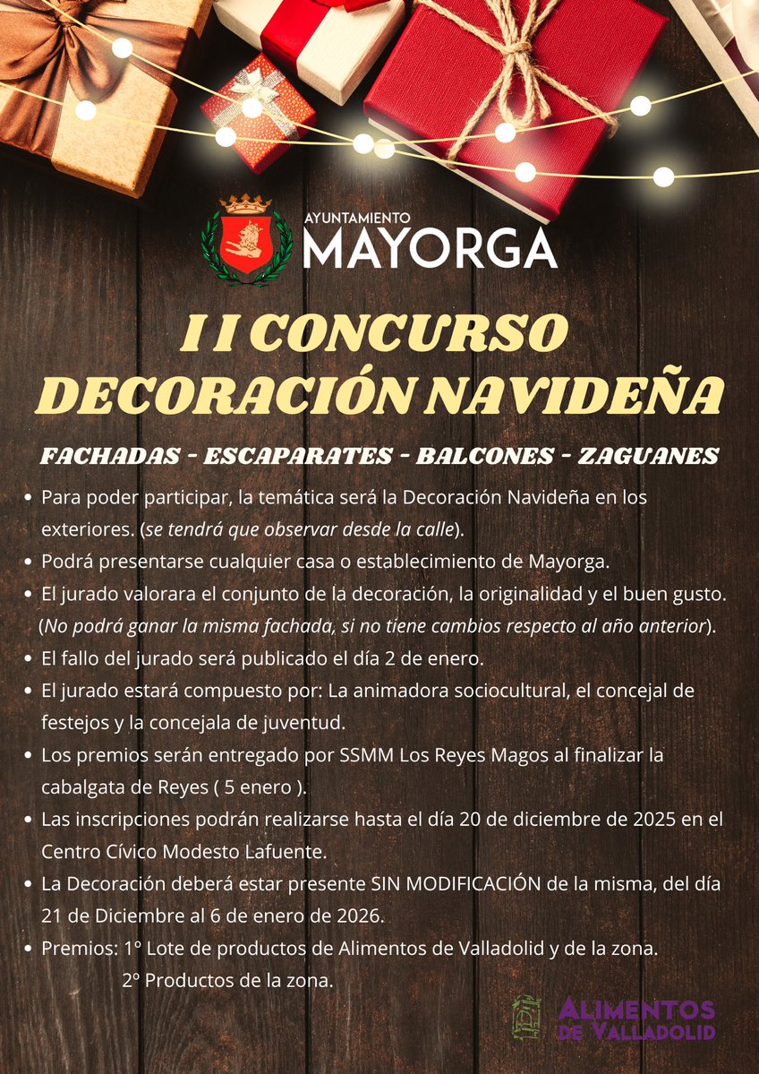 II CONCURSO DE DECORACIÓN NAVIDEÑA.

Volvemos un año más con este concurso.

La Navidad la hacemos entre todo y tener nuestro pueblo así de bonito es cosa de sus vecinos, por eso te animamos a participar y seguir año tras año sumando.

#EnNavidadEnMayorga