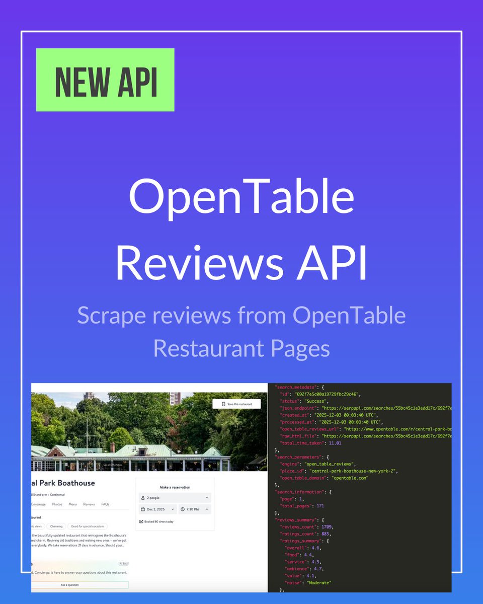 serpapi's tweet image. 🚀New API Launch!

Introducing the OpenTable Reviews API: Easily scrape reviews from OpenTable Restaurant Pages.

Full documentation: serpapi.com/open-table-rev…

New here? You can sign up for a free account here: serpapi.com/users/sign_up

#SerpApi #SearchEngine #Scraping #Serp…