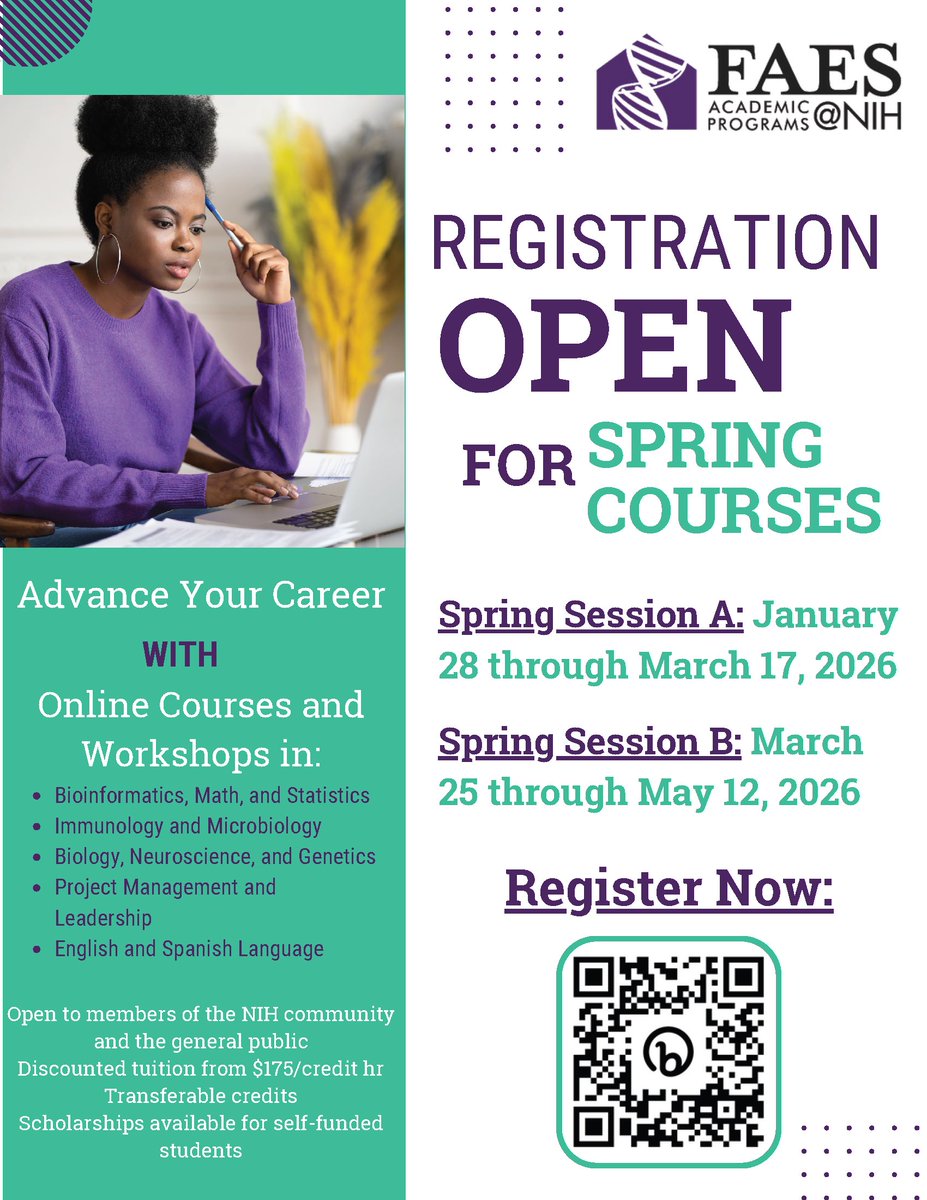 LearnWithFAES's tweet image. FAES Spring 2026 registration is open! Discounted tuition from $175/credit hr. FAES offers a variety of asynchronous courses covering subjects such as #ArtificialInteligence, #bioinformatics, #immunology, cancer biology, #neuroscience, and more.  Courses start on January 28 or…