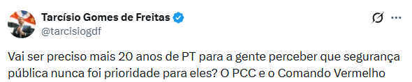 O PCC nasceu no estado de São Paulo: PT nunca governou.
O Comando Vermelho nasceu no estado do Rio de Janeiro: PT nunca governou.

Da pra culpar o PT por várias coisas, mas querer colocar no colo deles o avanço das facções não.
