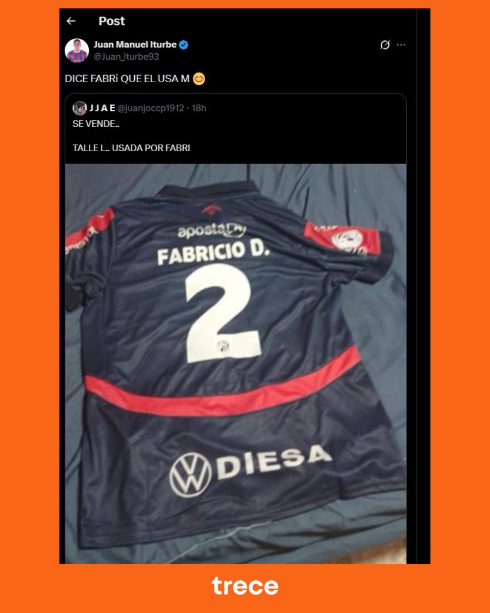 trecepy's tweet image. 🔴🔵El peculiar posteo de Juan Manuel Iturbe en “X” sobre Fabricio Domínguez.

👉🏻Un usuario de la red social ofreció la camiseta del Lateral pero atención a la respuesta del extremo azulgrana 😂.

#TreceDeportes #Trece #SiempreConectados