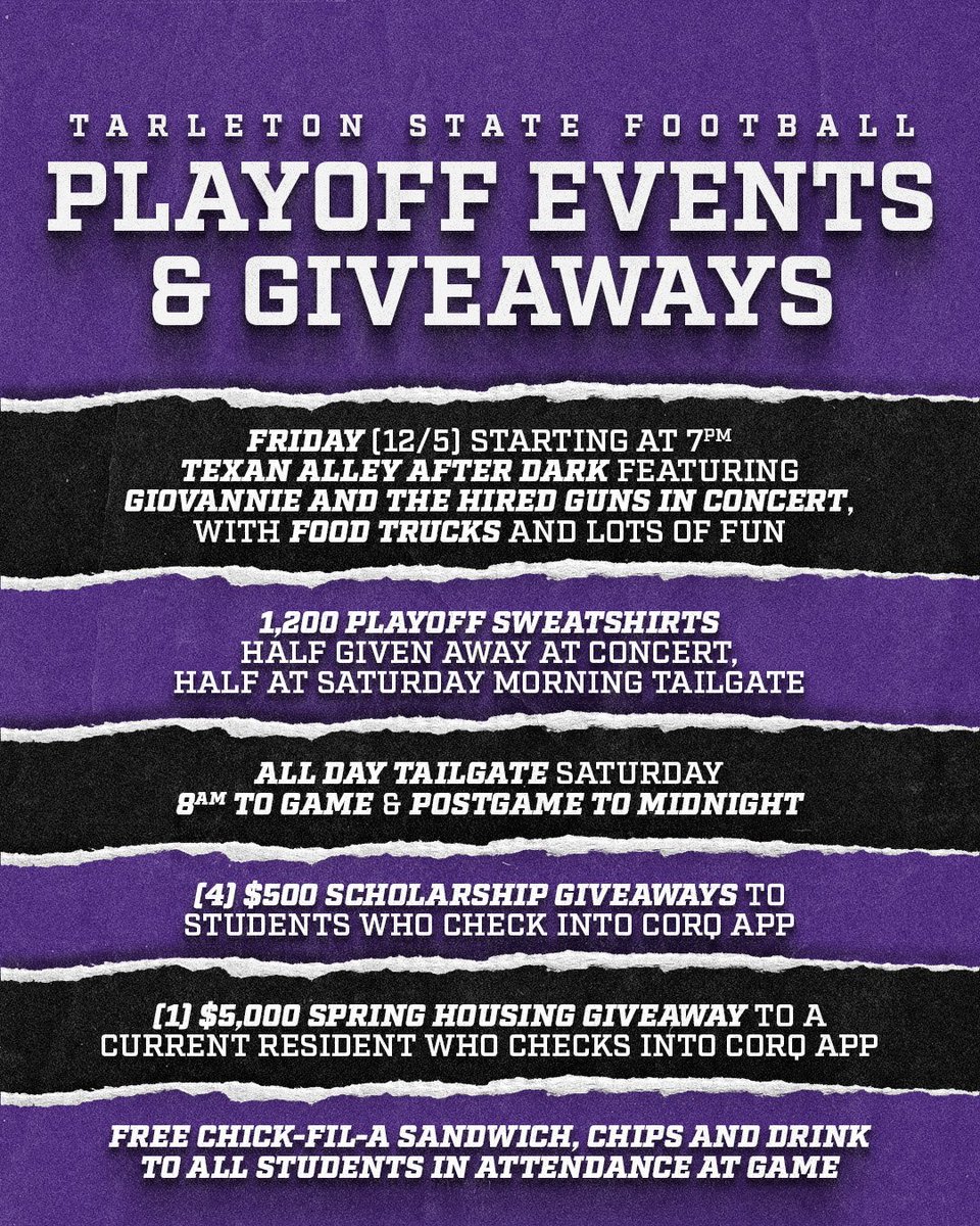 TarletonFB's tweet image. Tarleton State Students and Fans 🗣️

Besides playoff football itself set for Memorial Stadium, we have several extra reasons to stay around the ‘Ville this weekend 😏