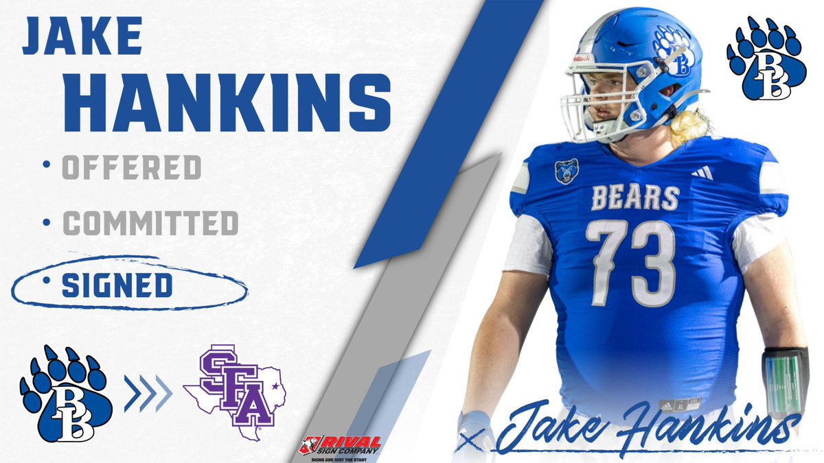 BrewerHSFB's tweet image. ‼️ SIGNED ‼️
Congratulations to Jake Hankins on officially signing to continue his academic and athletic career at Stephen F. Austin State University!
We’re incredibly proud of Jake and all the hard work he’s put in as a Bear. Lumberjacks are getting a good one! 🐻&amp;gt;&amp;gt;&amp;gt;🌲
