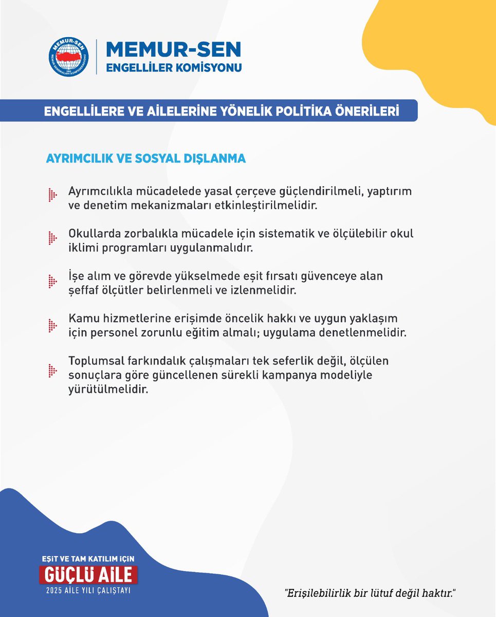 Komisyonumuzca hazırlanan  “2025 Çalıştayı Raporu" ‘nu Aile Bakanlığımıza sunarak, engellilik alanında köklü bir yapısal dönüşümün aciliyetini resmen ilan ettik! Temel politikamız: Yardım/muhtaçlık esaslı uygulamalardan vazgeçilerek, Hak Temelli Yaklaşım esasına geçilmelidir.