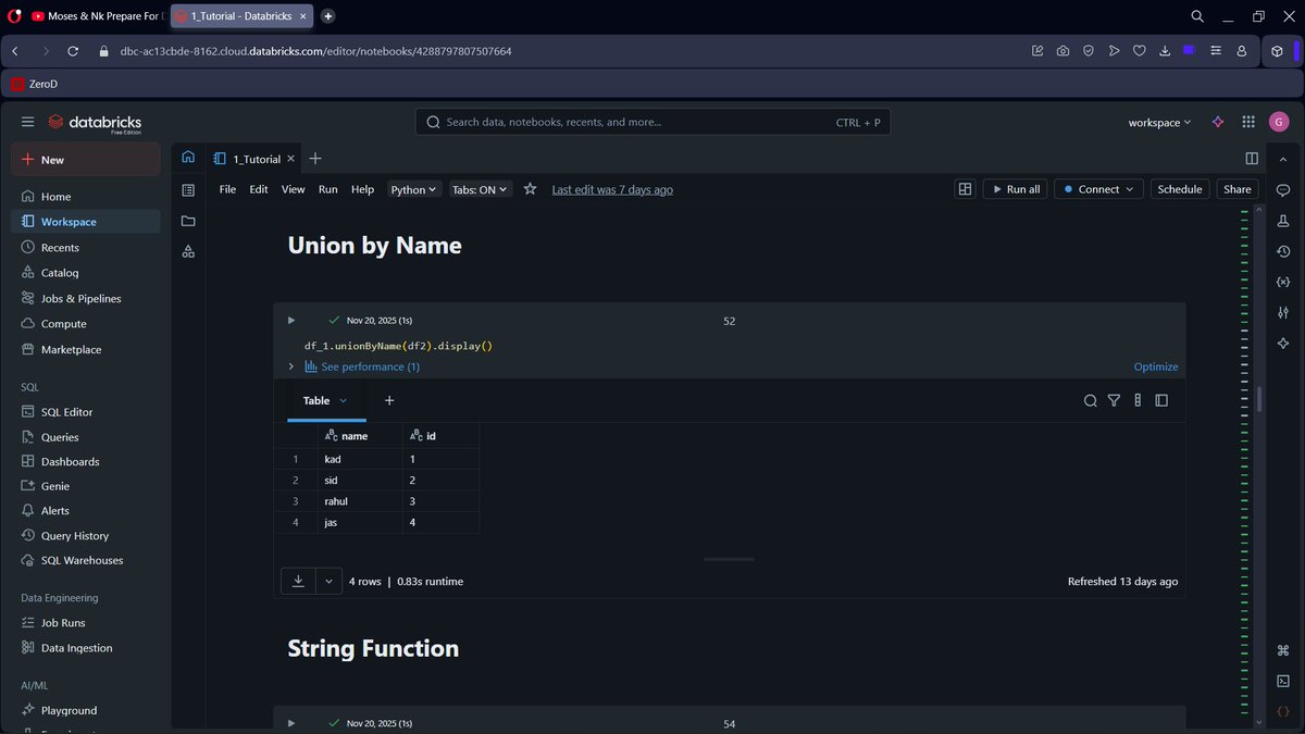 IwunzeIkenna's tweet image. Day 42 of Learning Data Engineering

Today I explored how union() and unionByName() combine datasets in Spark, and I also dug deeper into various string functions to understand how they transform and clean text more effectively.
#Python #DataEngineering #datascience #datafam