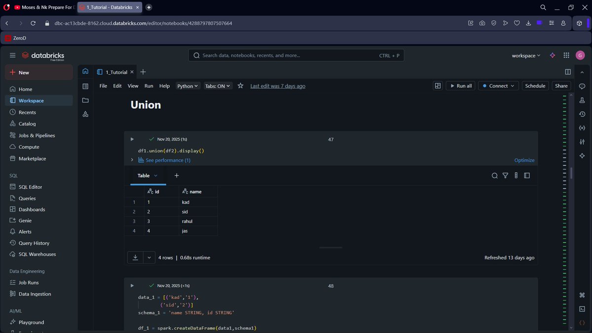 IwunzeIkenna's tweet image. Day 42 of Learning Data Engineering

Today I explored how union() and unionByName() combine datasets in Spark, and I also dug deeper into various string functions to understand how they transform and clean text more effectively.
#Python #DataEngineering #datascience #datafam