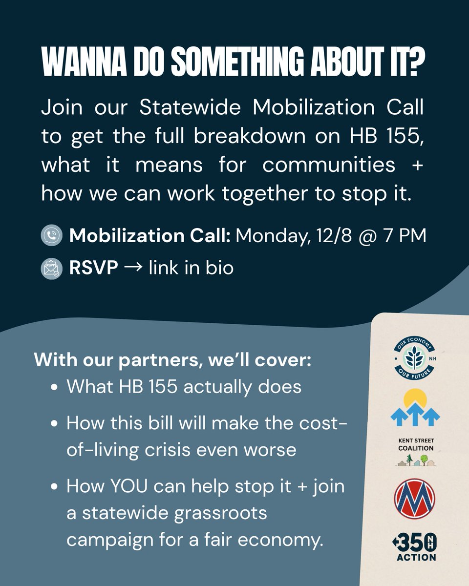 oeofnh's tweet image. 🚨 HB 155 = the new corporate bailout bill. If it passes, costs go up for the rest of us.

Want to stop it?

Join us + our partners on 12/8 @ 7 PM for a statewide mobilization call to break down HB155 + build the campaign to stop it. #NHPolitics

RSVP →  actionnetwork.org/forms/hb-155-m…