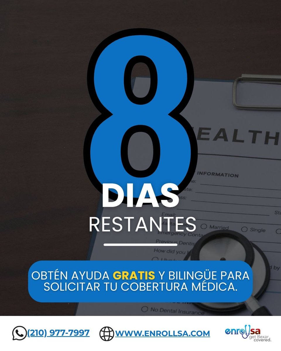 ONLY 8 DAYS TO GO! Protect your family and secure health coverage for the new year. The deadline for coverage starting January 1st is fast approaching. Get FREE, bilingual help from EnrollSA.  Call us (210) 977-7997 or visit EnrollSA.com!
#EnrollSA #GetBexarCovered