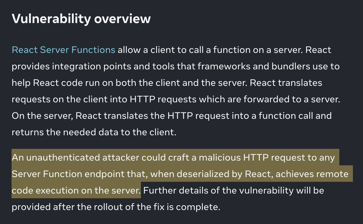 0xaudron's tweet image. 🚨Web3 dApps have the following React Server Component packages (listed below) of versions 19.0.0, 19.1.0, 19.1.1, 19.2.0 might be vulnerable to CRITICAL Pre-auth RCE:
- react-server-dom-webpack 
- react-server-dom-parcel
- react-server-dom-turbopack

Check this thread out for…