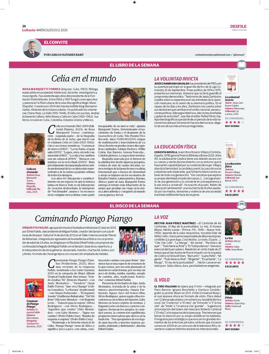 EL CONVITE de <a href="/barocarl/">Carlos Olivares Baró</a> en <a href="/LaRazon_mx/">La Razón de México</a> . Reseñas de libros y fonogramas. <a href="/PlanetaLibrosMx/">Planeta de Libros México</a> <a href="/Seix_Barral/">Seix Barral</a> <a href="/rosamarquetti/">Rosa Marquetti</a> <a href="/OrquestaFailde/">Orquesta Failde</a> <a href="/EthielFailde/">Ethiel Failde</a> 
Leer aquí: pub.flowpaper.com/docs/https://w…