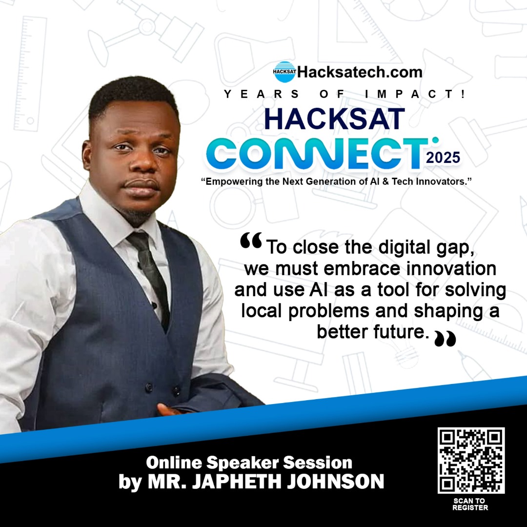 Hacksatechltd's tweet image. Online Speaker Session by Mr. Japheth Johnson 
Summary – Hacksat Connect

Mr. Japheth Johnson delivered an insightful session on how Artificial Intelligence (AI) can be leveraged in our daily lives to drive productivity, innovation, and personal growth.
#HacksatInnovates #Hacksat