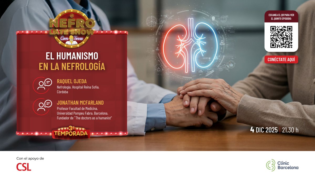 𝗡𝗘𝗙𝗥𝗢 𝗟𝗔𝗧𝗘 𝗦𝗛𝗢𝗪 | 𝗘𝗹 𝗵𝘂𝗺𝗮𝗻𝗶𝘀𝗺𝗼 𝗲𝗻 𝗹𝗮 𝗻𝗲𝗳𝗿𝗼𝗹𝗼𝗴í𝗮  
📅 4 de diciembre | 🕤 21:30 h 📍 Episodio 5 | 3ª temporada

Con <a href="/torreandfriends/">J Vicens Torregrosa</a>  y la participación de: 
👩‍⚕️ <a href="/raqojelop/">Raquel Ojeda Lopez</a>  –   Hospital Reina Sofía, Córdoba 
👨‍🏫 <a href="/Medicalenglishb/">JonMcF #RejoinEU</a>  – Universidad