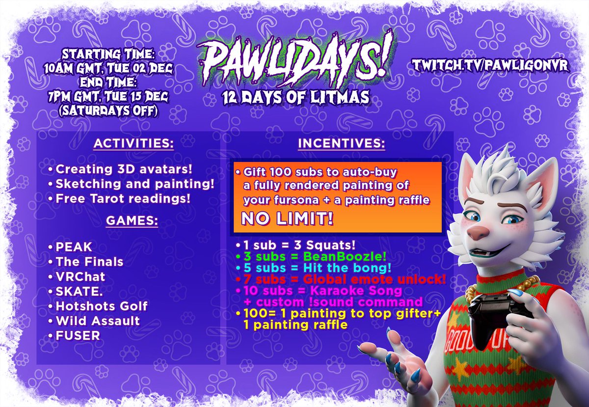 PawligonVR's tweet photo. Hey all! Excuse the repost, I'm updating my event incentives to let top gifters' subs give more back to the community, including DOUBLING the painting reward! Have a look!

#streamer #furry #subathon #furryartist #vtuber #3dtuber https://t.co/rtwfcyh7Ao