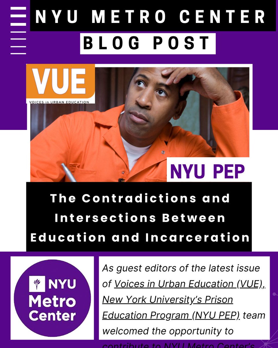 metronyu's tweet image. Does education #behindbars reinforce the #prison industrial complex? A special edition of @metronyu&apos;s open-access journal, #VUE, provided @nyuniversity&apos;s Prison #Education Program (PEP) with the opportunity to consider the topic. Read blog post here: bit.ly/48w3Xoy