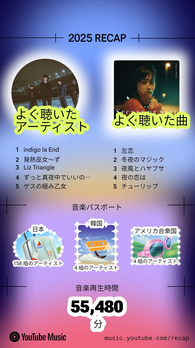 私の2025年の #YouTubeMusicRecap をシェアします！あなたのもmusic.youtube.com/recap?si=YYYxn…でチェックしよう