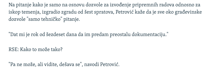 Investitor na gradilištu u Kragujevcu pored kojeg se obrušila saobraćajnica za RSE objašnjava kako je izgradio 6 spratova bez gradjevinske dozvole.
tinyurl.com/yww2yp9m