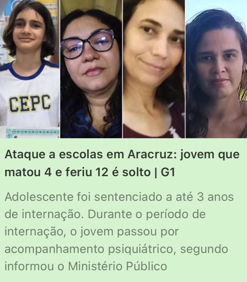 REVOLTANTE! 

Um “jovem” que feriu 12 pessoas e tirou a vida de 4 em 2022 foi sentenciado a 3 anos. 

Hoje ele ganhou LIBERDADE! 

O Brasil não pode mais ficar refém desse tipo de  legislação FROUXA!

REDUÇÃO DA MAIORIDADE PENAL JÁ!