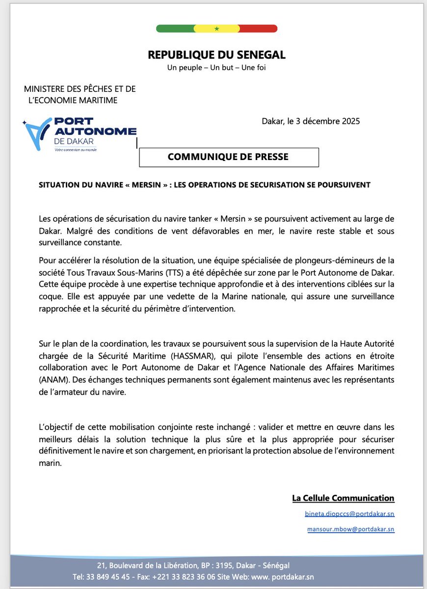 portdakar's tweet photo. INFO : Incident maritime maîtrisé au large de Dakar : navire « MERSIN » : Mise à jour des informations. Retrouvez l’intégralité dans notre communiqué de presse. #comdecrise #securiteenmer #ProtectionDeLaMer #hassmar #Anam https://t.co/Dtuy1y4wDs