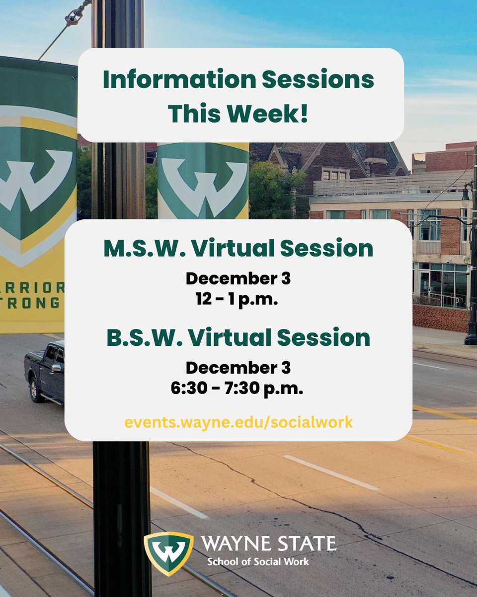 There's still time to register for today's Bachelor's and Master's of Social Work Information Sessions! We'll provide an overview of the program requirements, curriculum and important dates. Register: events.wayne.edu/socialwork

MSW Session: 12 - 1 p.m.
BSW Session: 6:30 - 7:30 p.m.