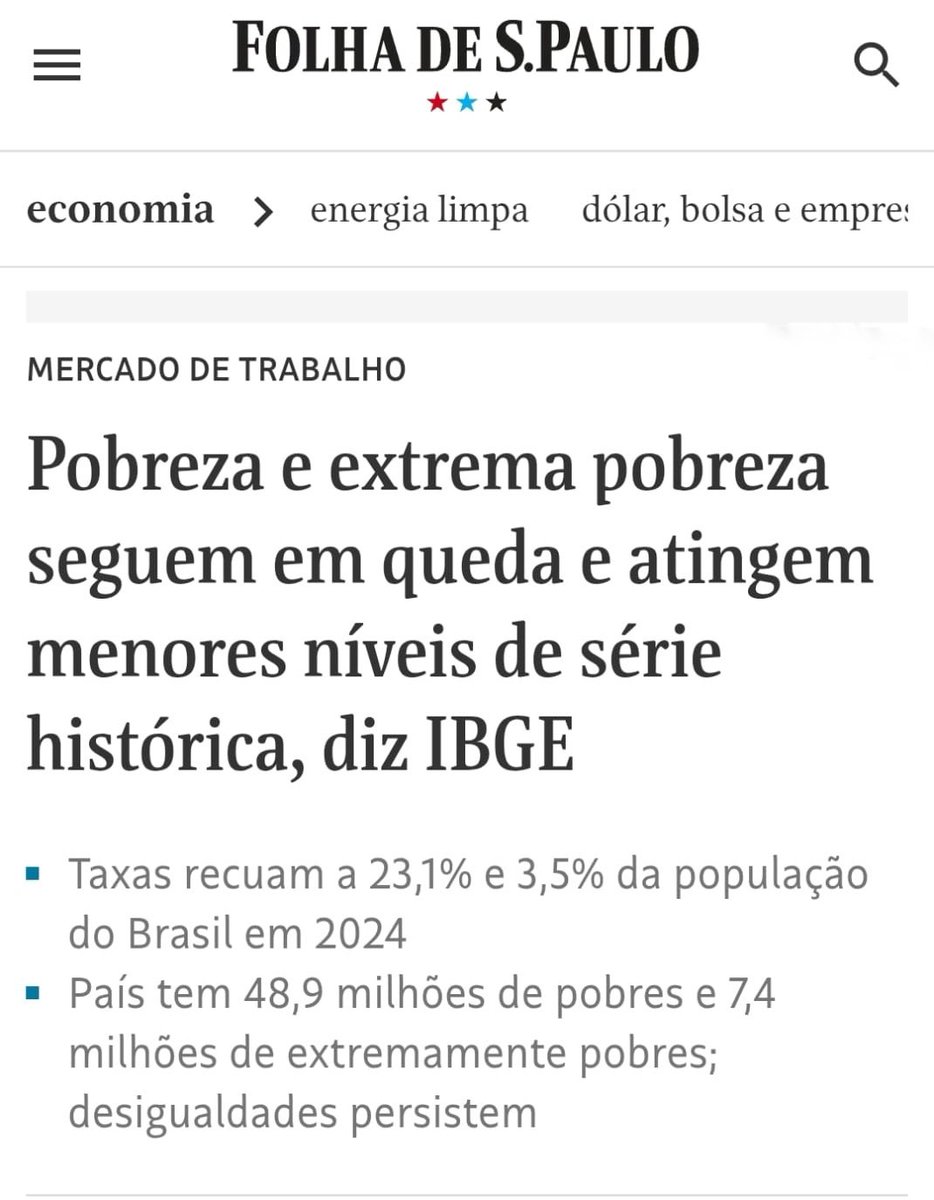 Pobreza cai para 23,1% e extrema pobreza para 3,5% — os menores níveis da série! 📉👏 Parabéns ao governo <a href="/LulaOficial/">Lula</a> por seguir tirando milhões de brasileiros da vulnerabilidade. 🇧🇷✨