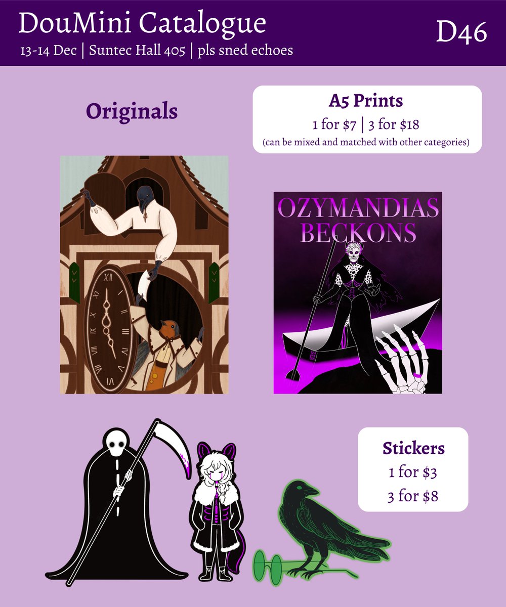 Catalogue for Doumini on 13-14 Dec! This is the first time I'm boothing, and I'll be doing it with <a href="/mentholhalle/">menthol ❇️ scratch naib bellay</a> and <a href="/NPCdragonboi/">Ali | Commission: OPEN</a>
at D46. Preorders are open on my form till 11 Dec!
(4/7)