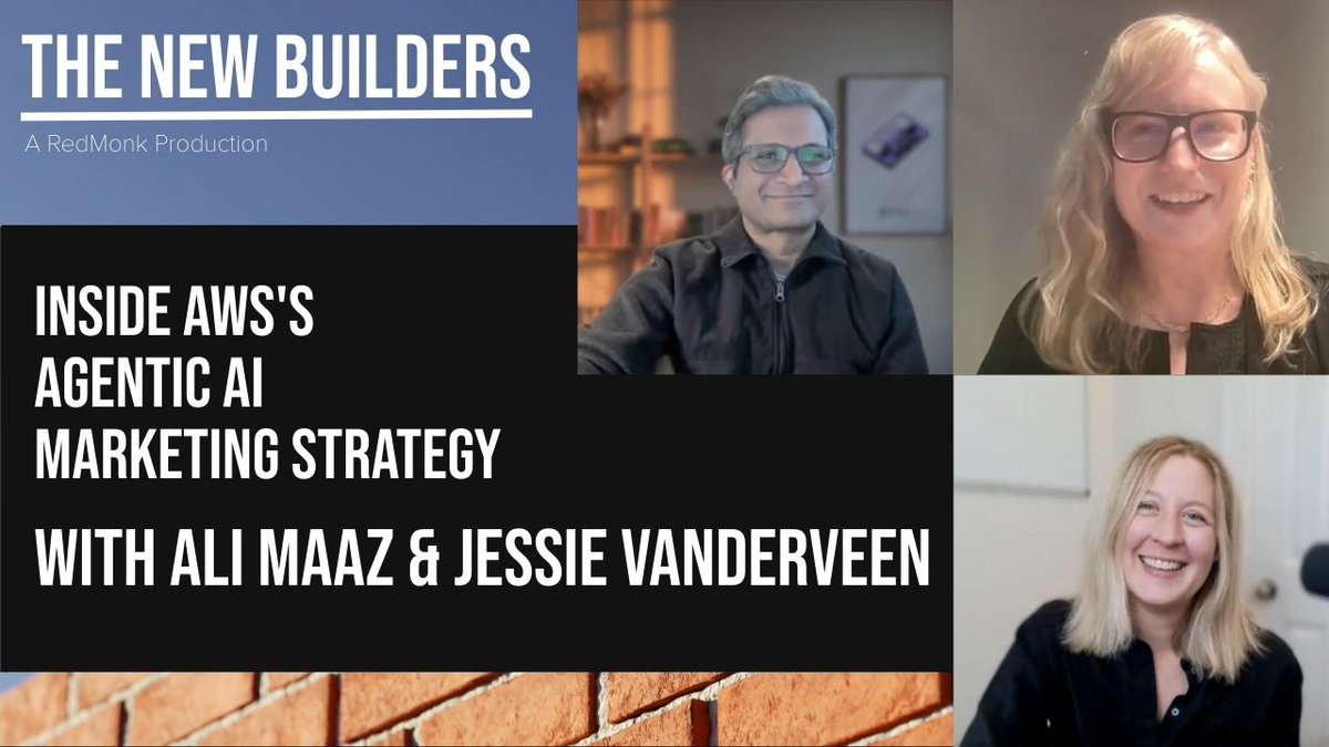 redmonk's tweet image. Hear @KateHolterhoff speak with AWS's Jessie VanderVeen, AI DevTools PMM, and Ali Maaz, AI DevTools GTM, about how @awscloud is approaching the crowded agentic IDE market. redmonk.com/videos/inside-…