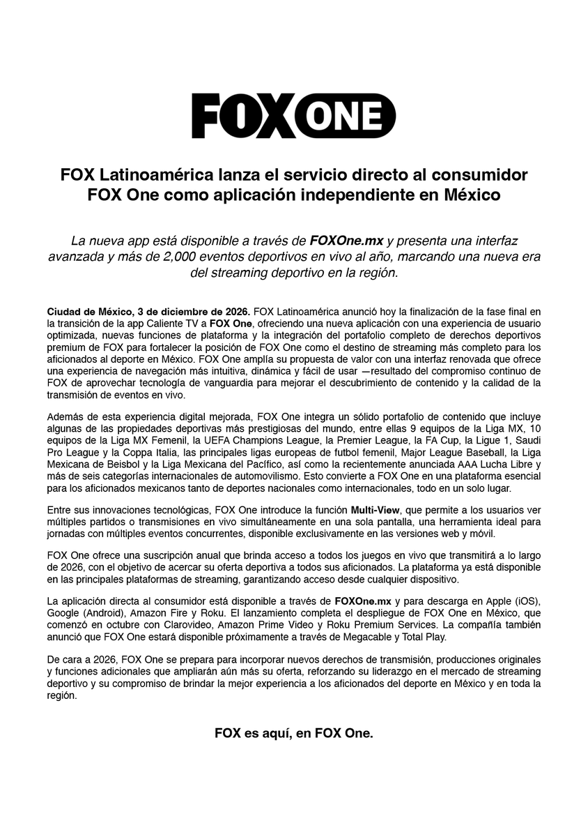 📄 COMUNICADO: FOX Latinoamérica lanza FOX One.