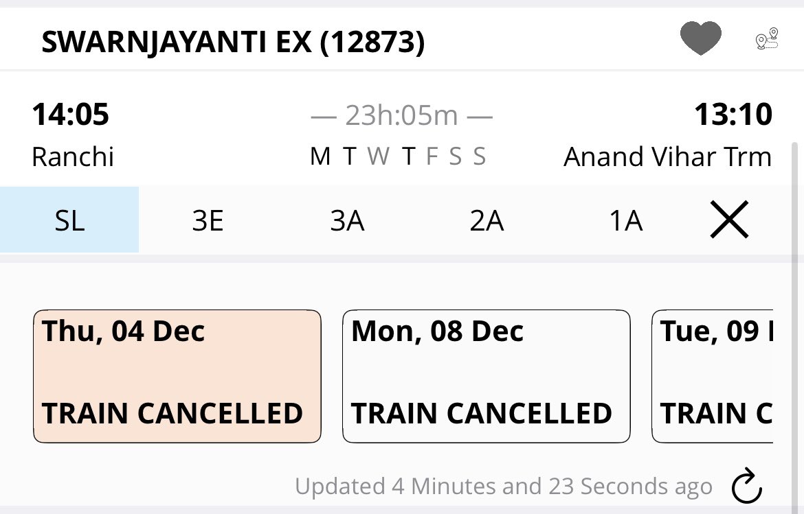 Most demanded &amp; popular train between #Ranchi and #Delhi gets cancelled by <a href="/serailwaykol/">South Eastern Railway</a> citing fog. Surprisingly, every other train can run in the same conditions- but the moment it’s Swarn Jayanti Express, suddenly there’s “fog”. This cancellation is causing huge