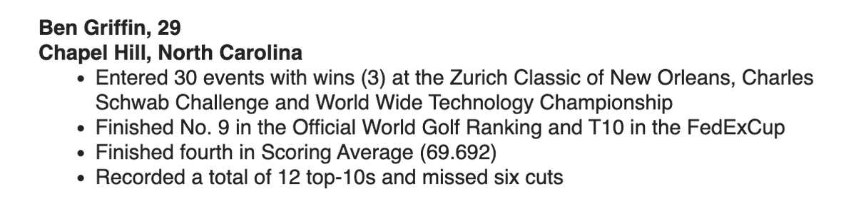 readtheline_'s tweet image. Ben Griffin getting nominated for the Jack Nicklaus Award has to be a top 5 story of 2025. 🤩 
He didn't even play in the Masters!